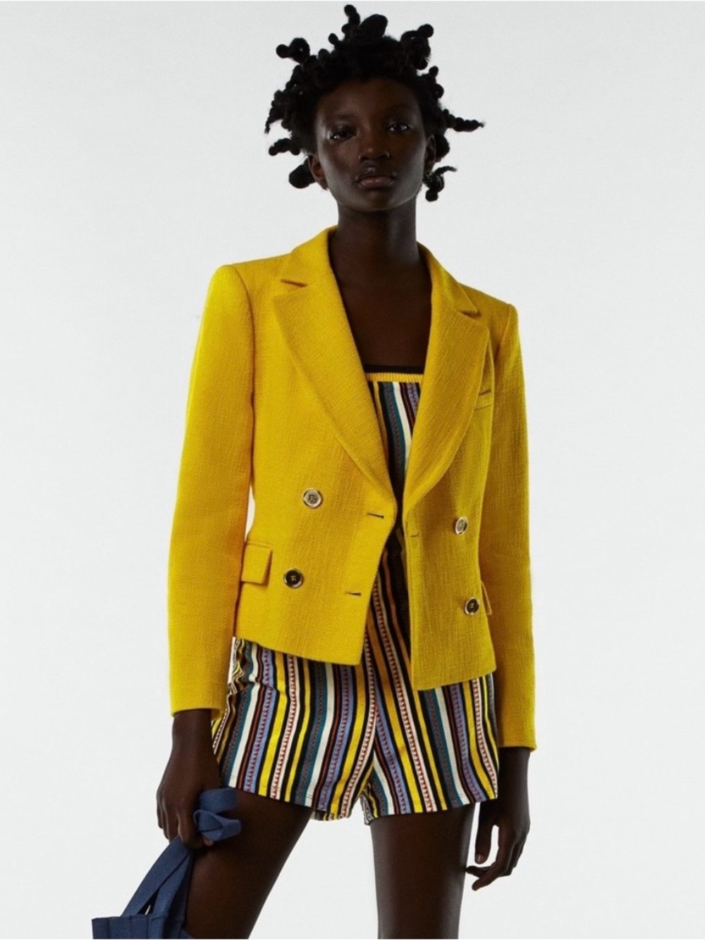 Zara Textured Double-Breasted Short Fitted Blazer in Bright Yellow